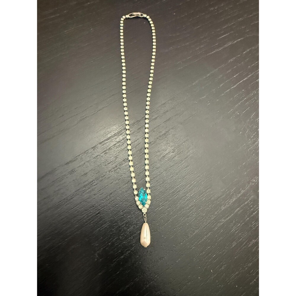 Vintage Marquise Turquoise Gemstone with Faux Pearl Drop Necklace, MCM, Art Deco
